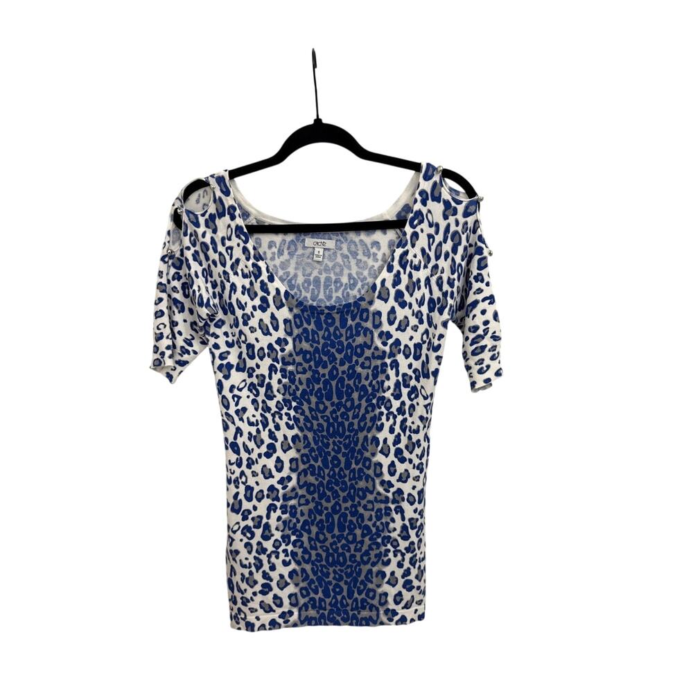 Cache Cold Shoulder Blue Leopard Print Short-Slee… - image 2